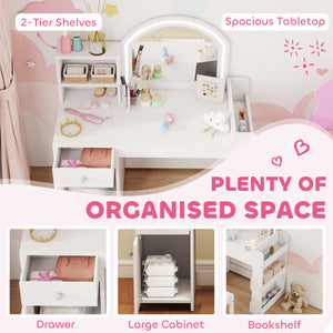 Coiffeuse et chaise avec miroir éclairé, armoire, tiroir et étagères, blanc