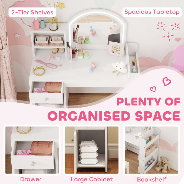 Coiffeuse et chaise avec miroir éclairé, armoire, tiroir et étagères, blanc