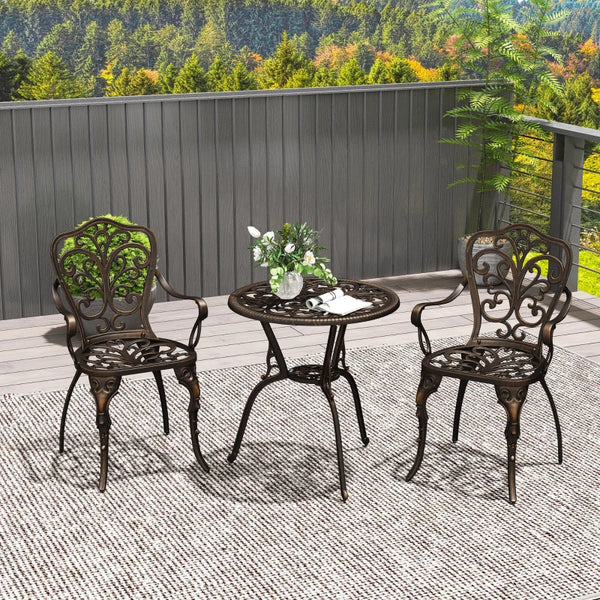 Ensemble bistro 3 pièces en fonte d'aluminium avec trou pour parasol, bronze