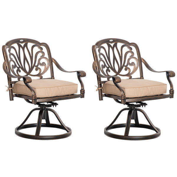 Ensemble de 2 chaises pivotantes avec coussins, structure en aluminium, couleur bronze.