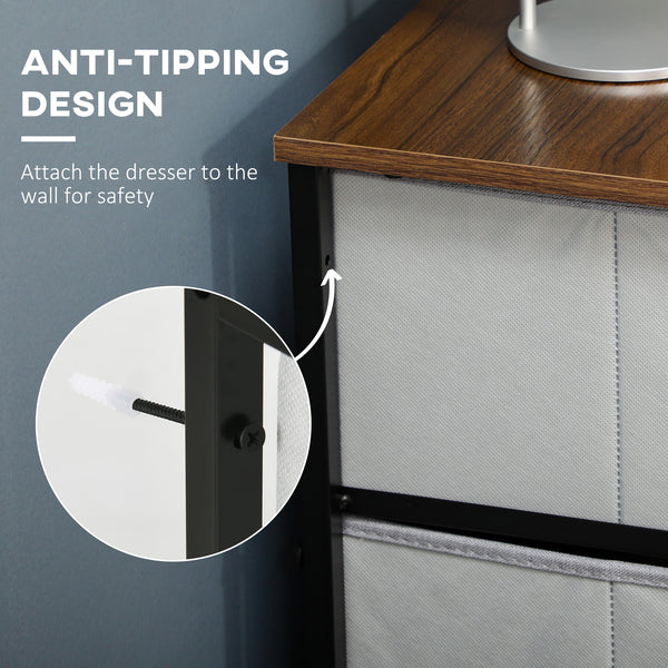 6-drawer fabric chest with steel frame, wood-effect top and handles, grey.