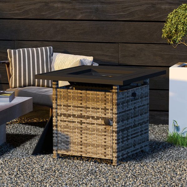 Outdoor PE Rattan Propane Fire Pit Table, 50,000 BTU Pulse-Ignition Wicker Fire Table, Mixed Grey