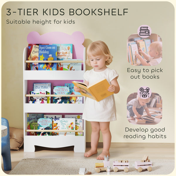 3-Tier Children's Bookcase, Bear Design, with Anti-Tip Device, Pink
