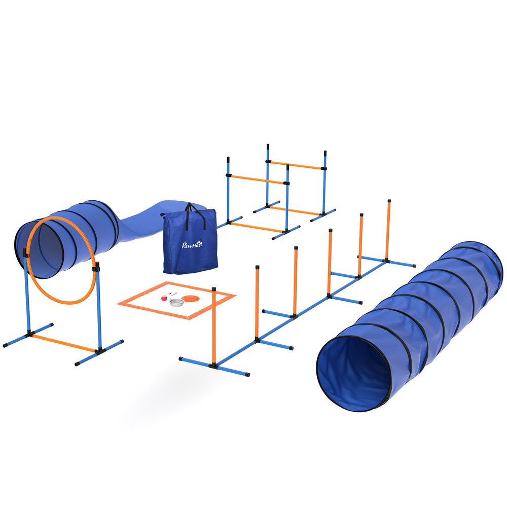11-Piece Dog Agility Training Equipment Set, Pet Obstacle Course with 2 Tunnels, Adjustable Jumps, Orange Blue