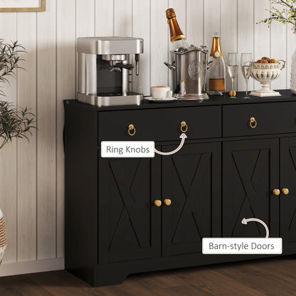 Buffet avec 2 tiroirs, 4 portes de grange et 2 étagères réglables, noir