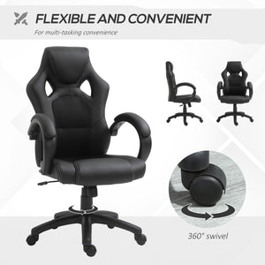 Chaise de bureau gaming Racing avec roulettes pivotantes, appui-tête rembourré et fonction inclinable, noire