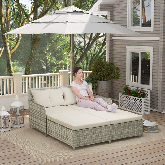 Outsunny Outdoor Rattan Sun Lounger Loveseat with Soft Cushions, 4 Pillows, Curved Backrest and Armrests, Beige