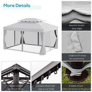 13' x 10' Outdoor Patio Gazebo Canopy with 2-Tier Polyester Roof  Vented Mesh Sidewall & Strong Aluminum Frame Grey