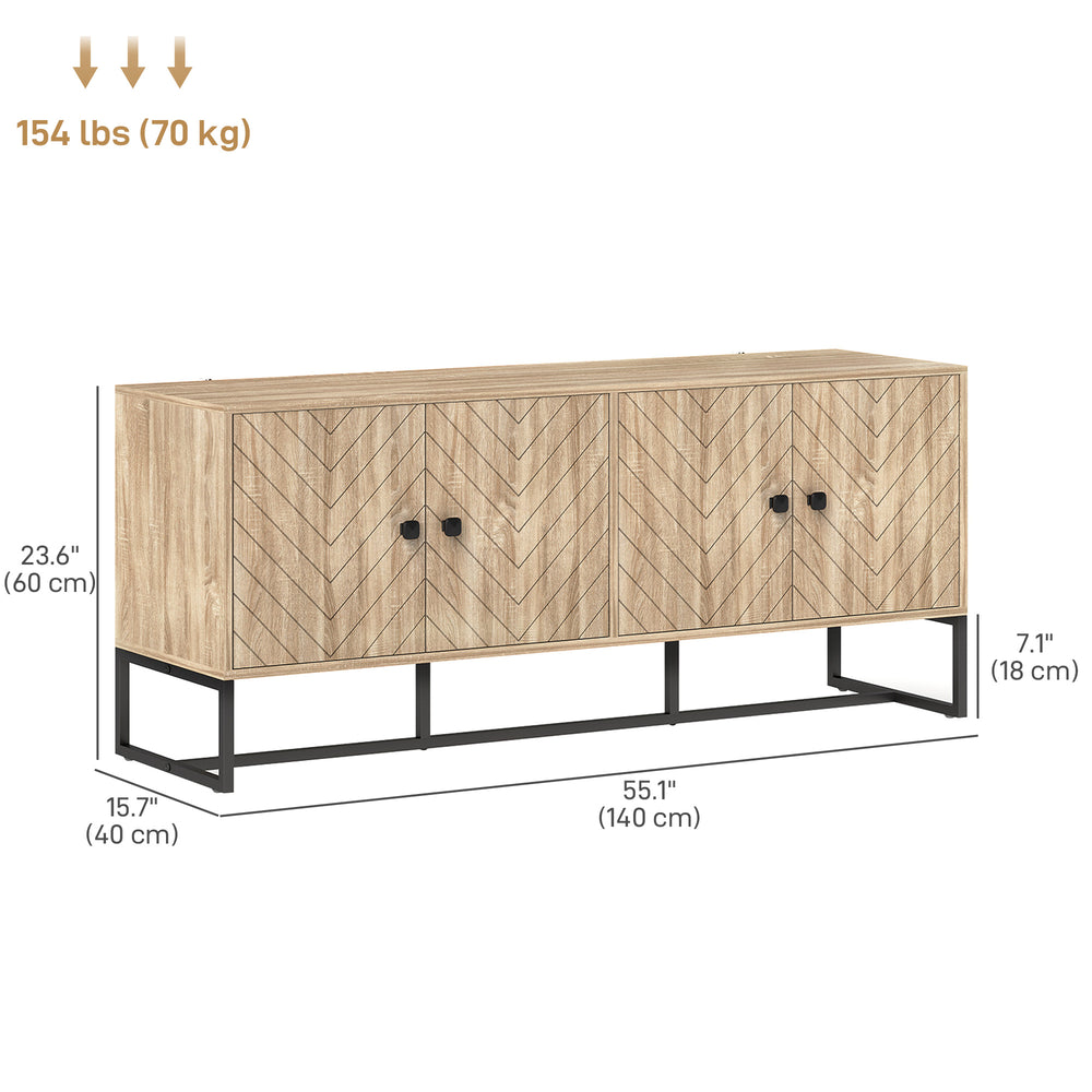 Buffet en chêne avec 2 étagères réglables et base en acier, utilisable comme meuble TV ou meuble bar pour salon