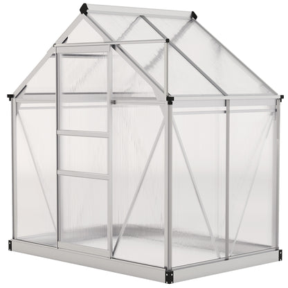 6' x 4' x 6.6' Polycarbonate Greenhouse, Galvanized Aluminum Sheet Frame with Gutter, Ventilation and Sliding Door, Silver