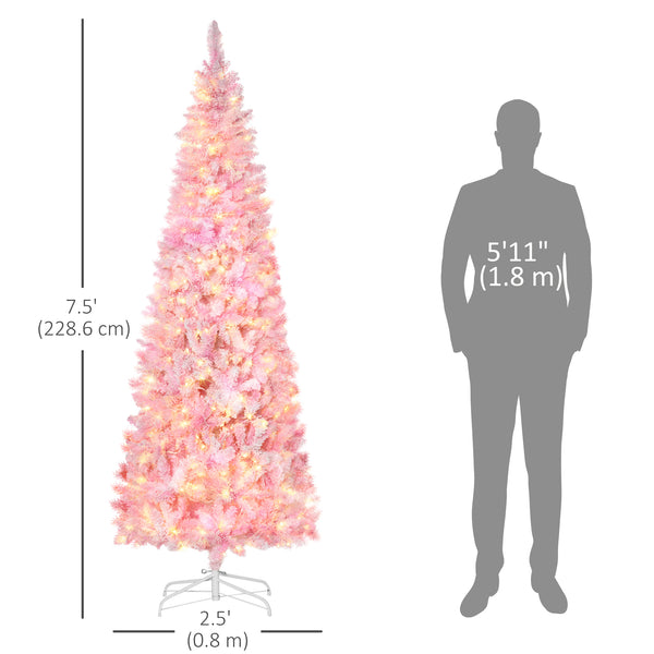 Sapin de Noël artificiel pré-éclairé de 7,5 pieds en forme de crayon rose et blanc