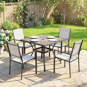 5-piece outdoor dining set, including a table and 4 stackable chairs with a parasol hole and shelf.