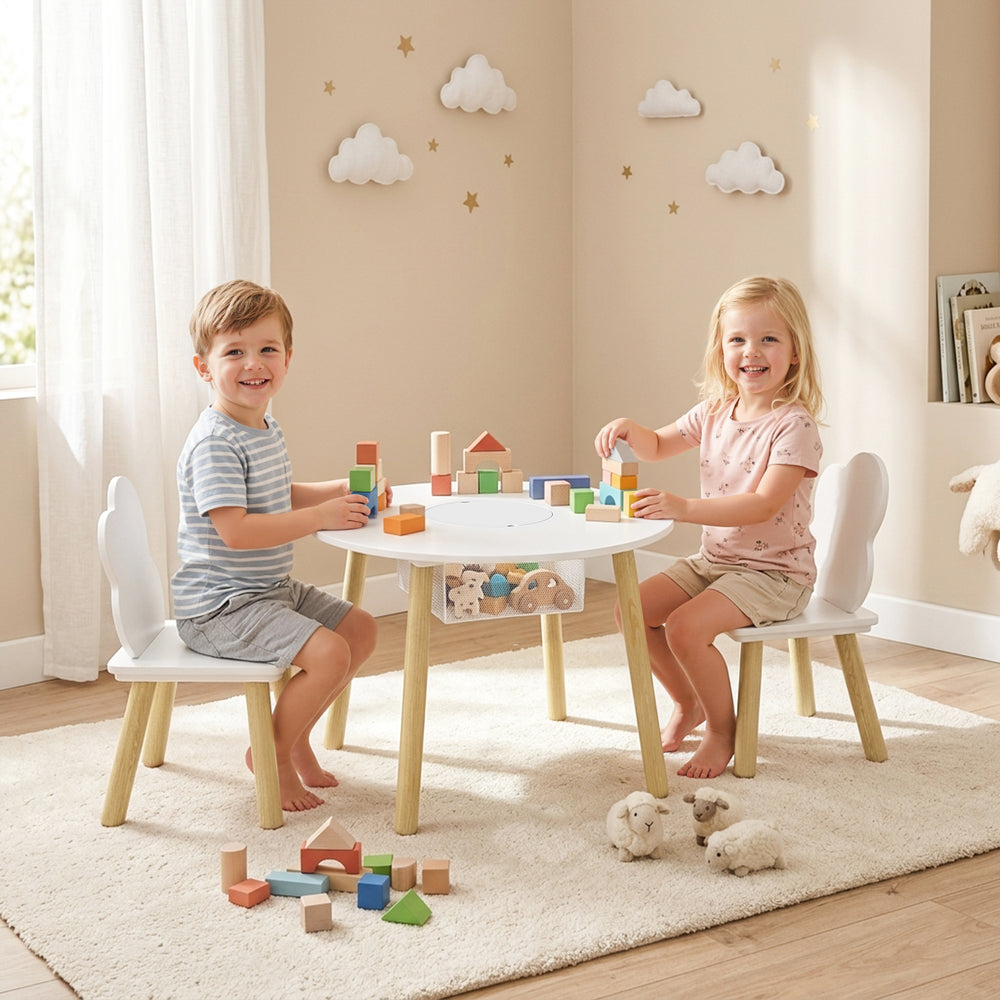 Ensemble table et chaises pour enfants 3 pièces, comprenant une table d'activités, des chaises en forme de nuage et un sac en filet.