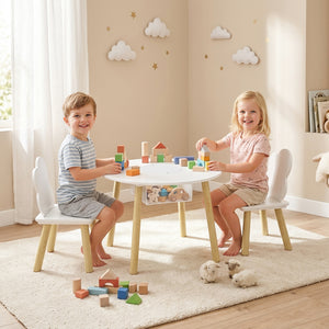 Ensemble table et chaises pour enfants 3 pièces, comprenant une table d'activités, des chaises en forme de nuage et un sac en filet.