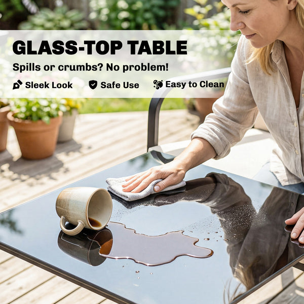 Ensemble bistro à bascule 3 pièces avec coussins, table basse en verre pour balcon, gris