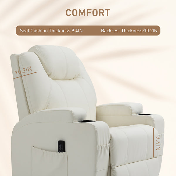 Fauteuil massant inclinable à bascule pivotantavec, 8 points de vibration, cuir synthétique, blanc crème