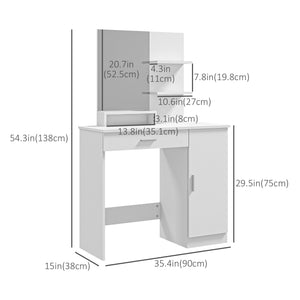 Coiffeuse avec miroir,  tiroir et compartiment ouvert, blanc
