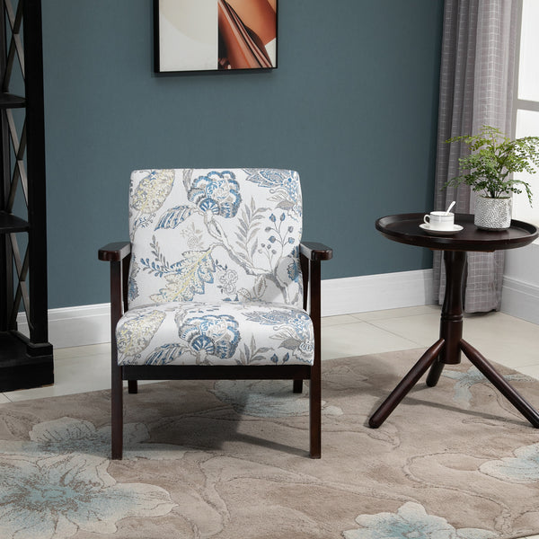 Fauteuil rétro en tissu avec accoudoirs en bois, motif floral