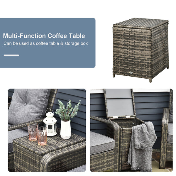 3 Pieces Wicker Patio Furniture Set, Rattan Bistro Set with Storage Coffee Table and Thickened Cushions, Outdoor Conversation Set for Garden, Porch, Balcony, Grey