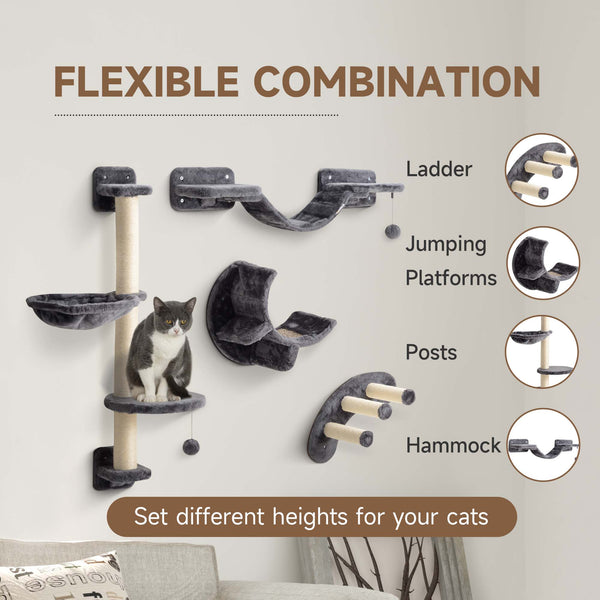 Mur d'escalade pour chat avec griffoir, balles et plateformes, gris foncé