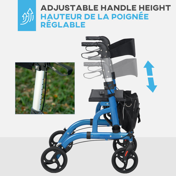 Rollator Walker for Seniors and Adults with 8'' Wheels, Padded Seat and Backrest,  Storage Bag Blue