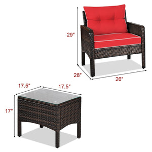 3-Piece Outdoor Patio Rattan Conversation Set with Seat Cushions - Red