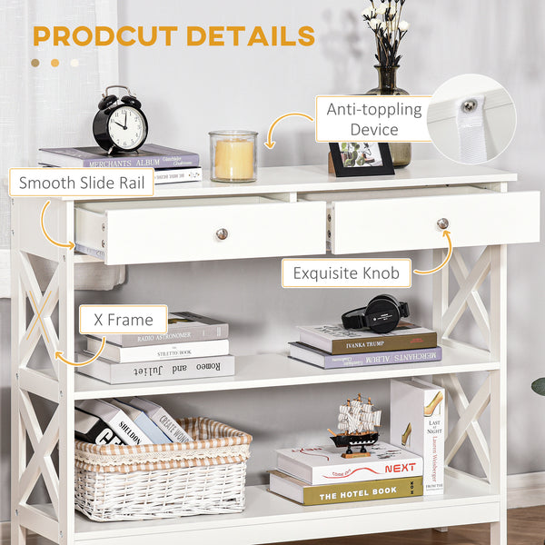 Console d'entrée étroite avec étagères de rangement, blanc