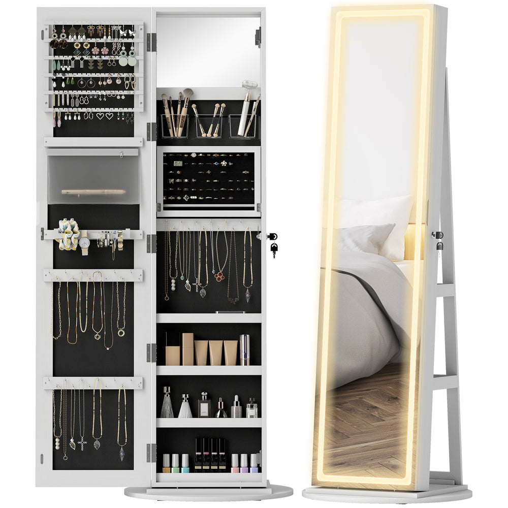 Armoire à bijoux avec miroir verrouillable sur toute la longueur, avec LED, blanc