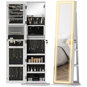 Armoire à bijoux avec miroir verrouillable sur toute la longueur, avec LED, blanc