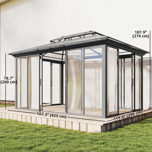 Gazebo d'extérieur 10' x 14'  à toit rigide, véranda en aluminium avec portes coulissantes, double toit, gris foncé