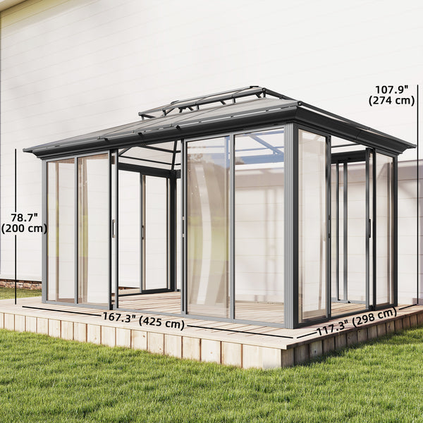 Gazebo d'extérieur 10' x 14'  à toit rigide, véranda en aluminium avec portes coulissantes, double toit, gris foncé