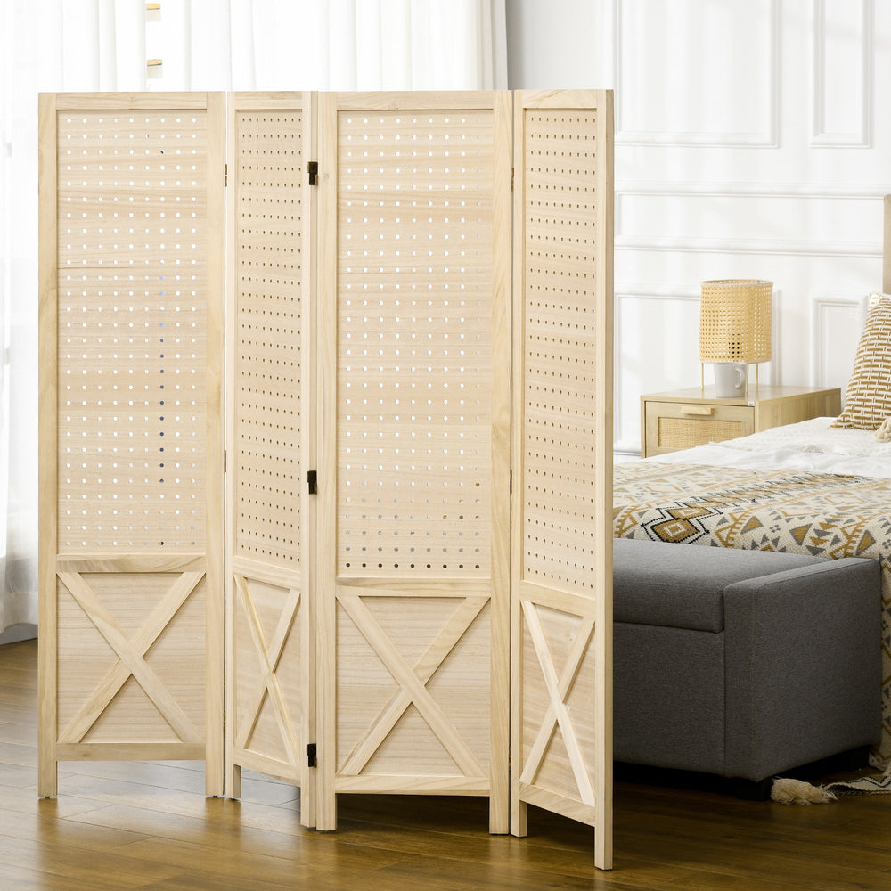 Paravent 4 panneaux en bois avec panneau perforé, naturel