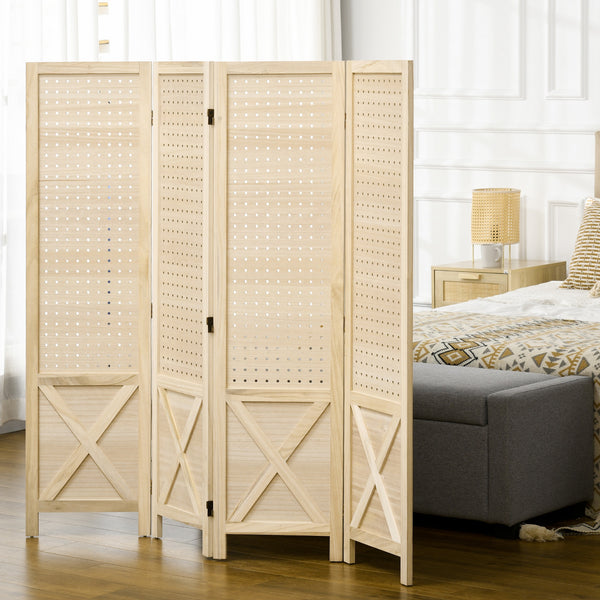 Paravent 4 panneaux en bois avec panneau perforé, naturel