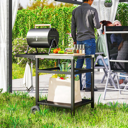 Outsunny Outdoor Kitchen Prep Station with Stainless Steel Top and Foldable Side Table, Pizza Oven Table Outdoor Prep Table with Hooks Shelf, Movable BBQ Table with Cover, Black |