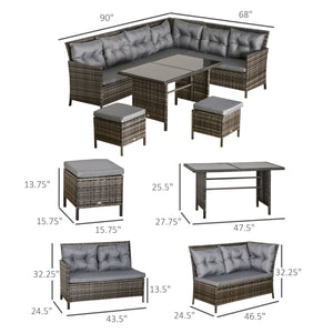 6pcs Outdoor Rattan Sofa Set Garden Wicker Sectional Couch Furniture Set with Dining Table and Chair Dark Grey