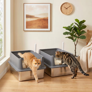 2 Pack XL Stainless Steel Litter Box with Scoops, High-Sided, for Large and Multiple Cats, Anti-Urine Leakage