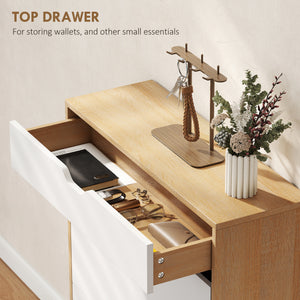 Narrow entryway shoe cabinet with 2 drop-down drawers, a top drawer and adjustable shelves for 12 pairs of shoes, white