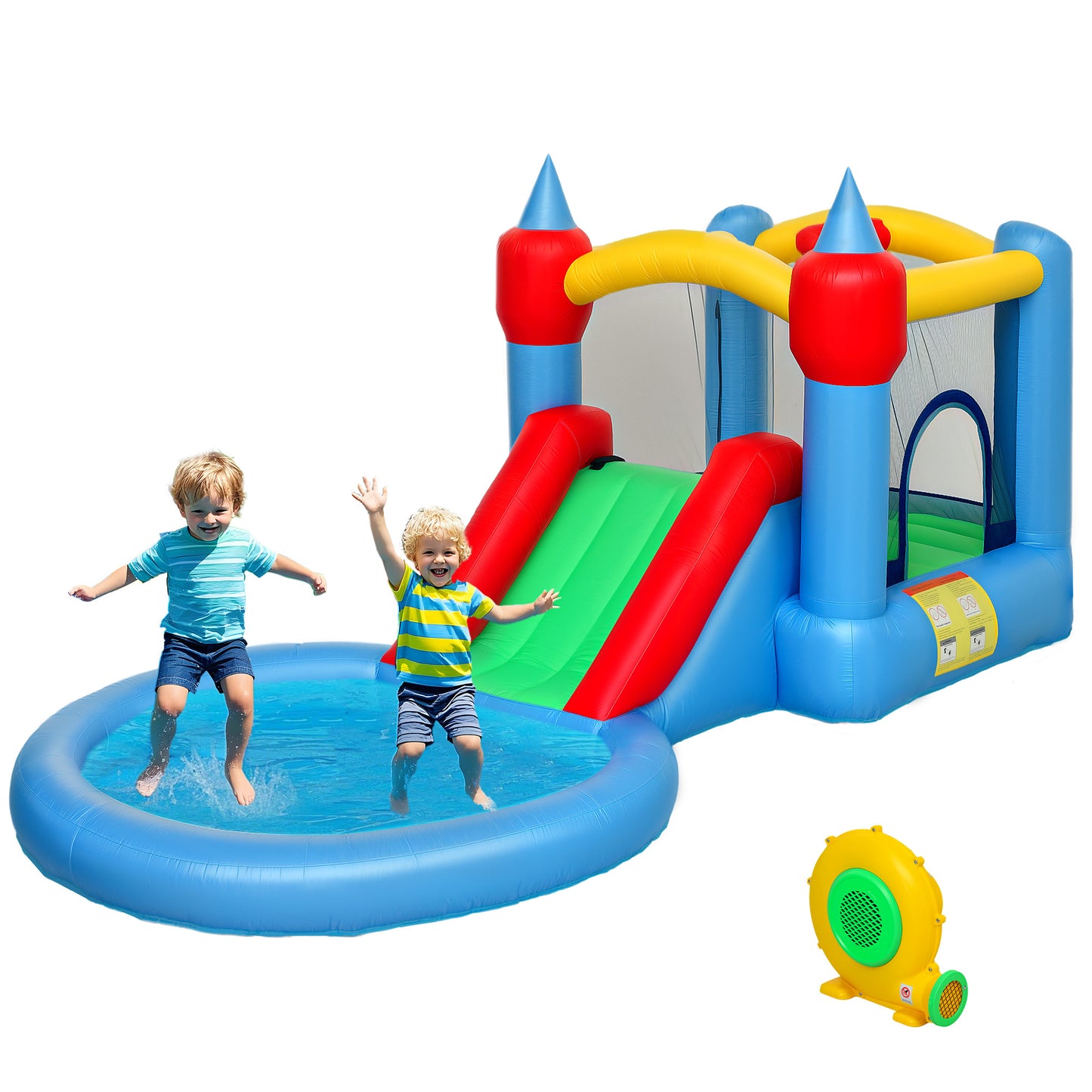 4-in-1 bouncy castle with slide, basketball hoop, ball pit, blower and storage bag, 410 x 205 x 190 cm