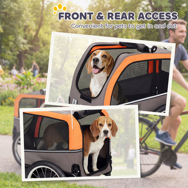 Dog bike trailer with 2 doors, large wheels and safety flag.