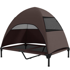 Raised Dog Bed with Canopy, Steel Frame, and Washable Mesh, Coffee Color