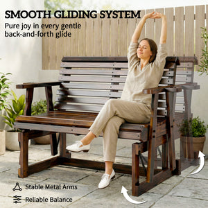 Outdoor Wooden Rocking Bench with 2 Cup Holders, Slat Seat, and Armrests