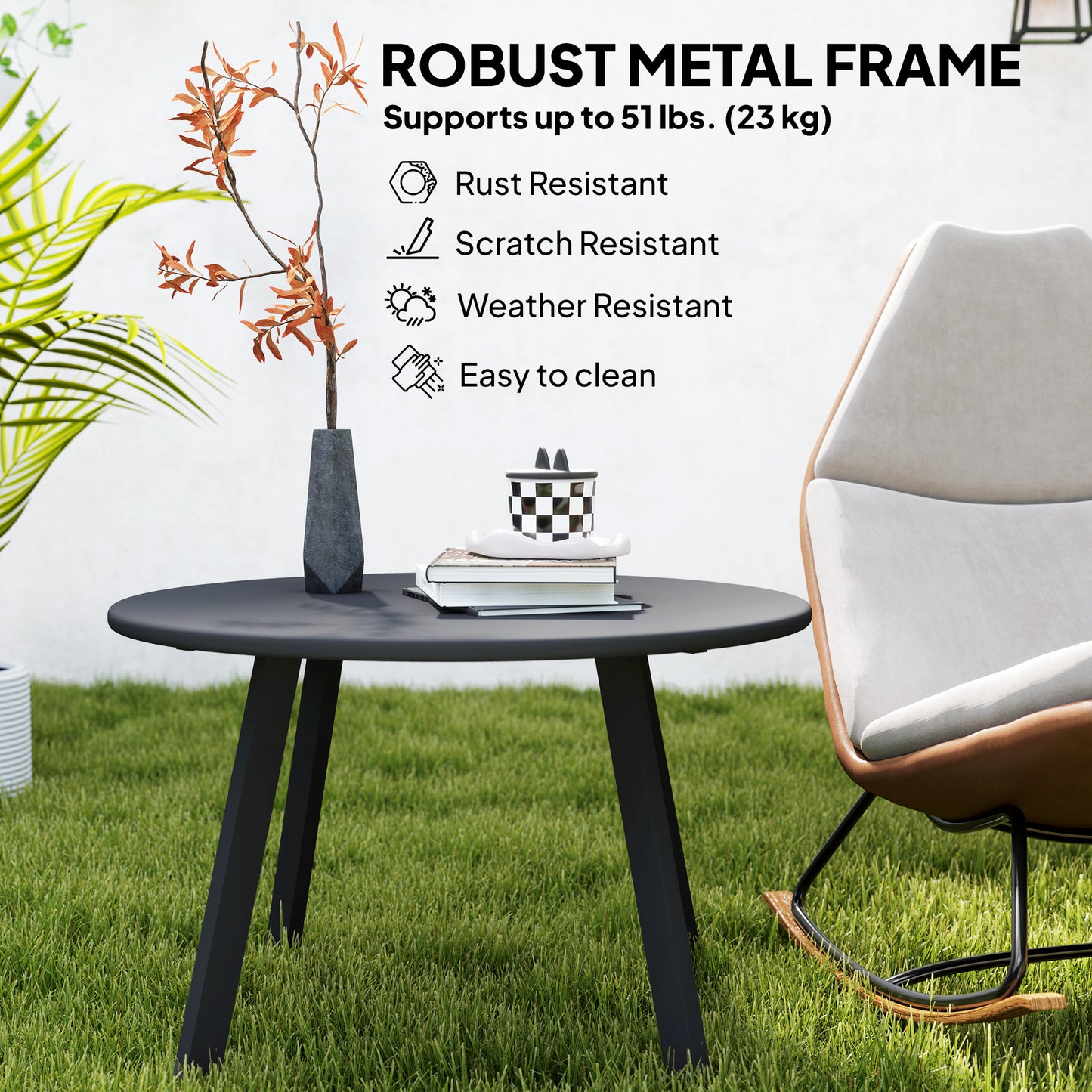 Outsunny Outdoor Round Side Table, Patio Coffee Table with Metal Frame and Non-Slip Feet, Black