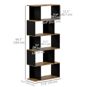 Geometric S-shaped bookcase, tall and narrow shelf for living room or office, rustic brown