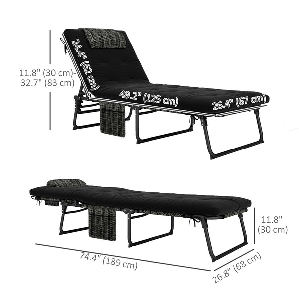 Chaise longue pliante avec dossier inclinable à 4 niveaux et coussin, noir