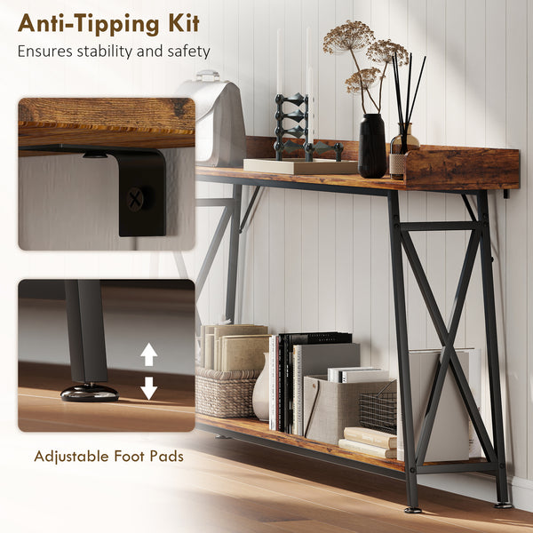 Extra-long console table with storage shelf and railing, industrial style, rustic brown