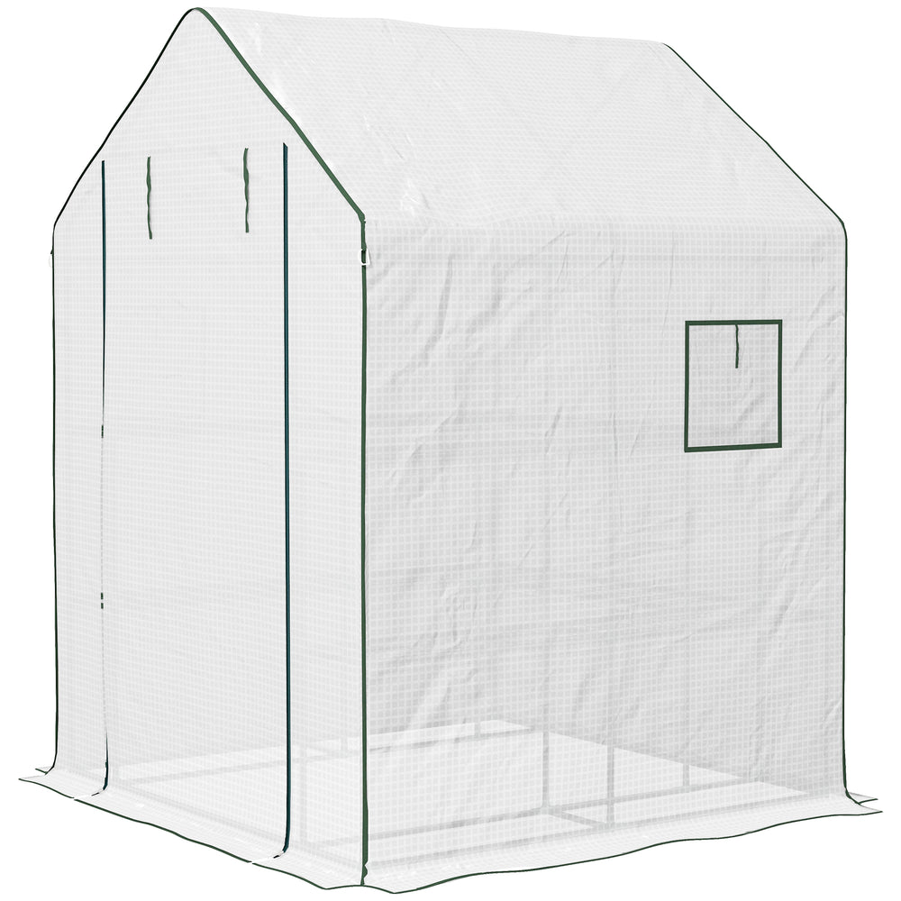 Small outdoor greenhouse with 2-tier U-shaped flower shelves, white