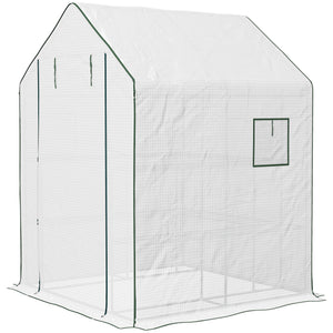 Small outdoor greenhouse with 2-tier U-shaped flower shelves, white