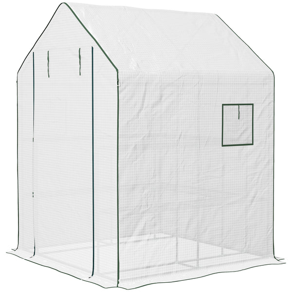 Small outdoor greenhouse with 2-tier U-shaped flower shelves, white