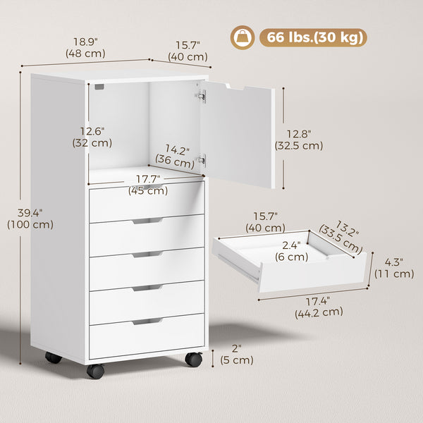 Mobile File Cabinet with 5 Drawers and Printer Stand for Home Office White