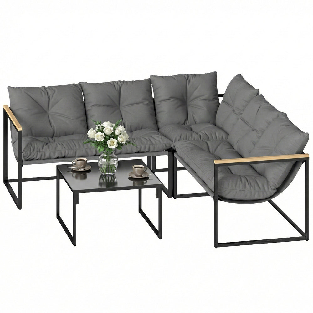 Ensemble de mobilier de patio 4 pièces avec coussins épais et table basse, gris